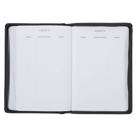Know the Plans 2025 Black Faux Leather Executive Planner with Zipper Closure - Jeremiah 29:11
