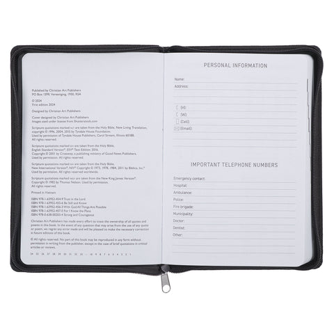 Know the Plans 2025 Black Faux Leather Executive Planner with Zipper Closure - Jeremiah 29:11