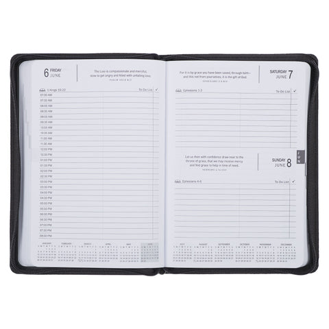 Know the Plans 2025 Black Faux Leather Executive Planner with Zipper Closure - Jeremiah 29:11