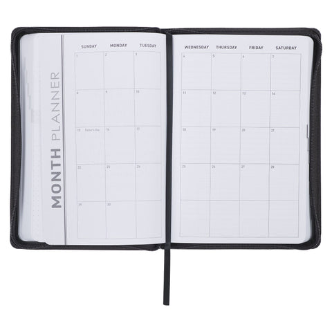 Know the Plans 2025 Black Faux Leather Executive Planner with Zipper Closure - Jeremiah 29:11
