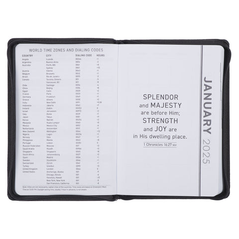 Know the Plans 2025 Black Faux Leather Executive Planner with Zipper Closure - Jeremiah 29:11