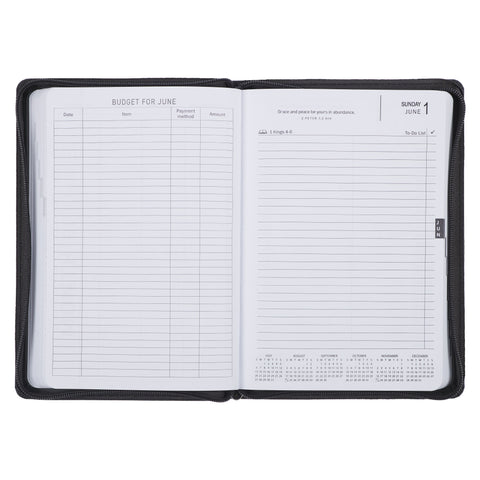 Know the Plans 2025 Black Faux Leather Executive Planner with Zipper Closure - Jeremiah 29:11