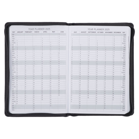 Know the Plans 2025 Black Faux Leather Executive Planner with Zipper Closure - Jeremiah 29:11