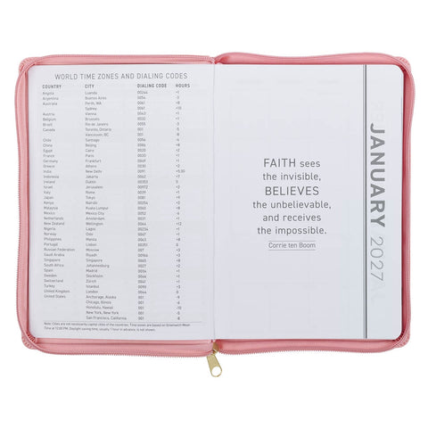 2027 Walk by Faith Pink Faux Leather Executive Planner with Zipper Closure - 2 Corinthians 5:7