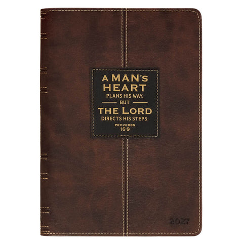 2027 A Man's Heart Smoked Walnut Faux Leather Executive Planner with Zipper Closure - Proverbs 16:9
