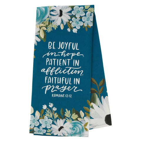 Be Joyful Blue Floral Cotton Tea Towel - Romans 12:12