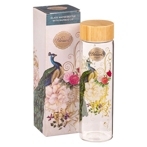 Blessed Blue Peacock Glass Water Bottle - Jeremiah 17:7