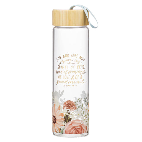 No Fear Pink Floral Glass Water Bottle with Bamboo Lid - 2 Timothy 1:7