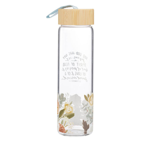 No Fear Pink Floral Glass Water Bottle with Bamboo Lid - 2 Timothy 1:7