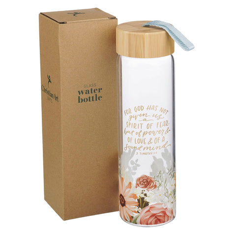 No Fear Pink Floral Glass Water Bottle with Bamboo Lid - 2 Timothy 1:7