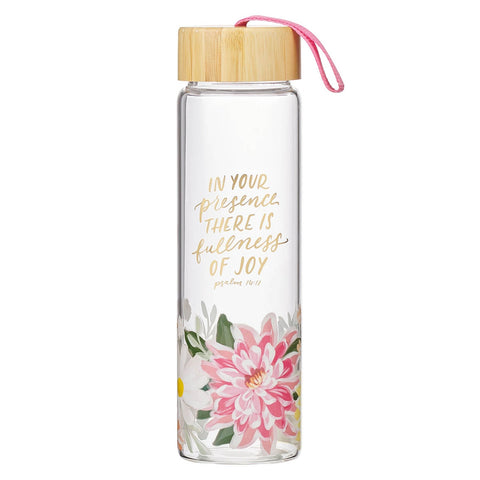 Fullness of Joy Pink Floral Glass Water Bottle with Bamboo Lid - Psalm 16:11