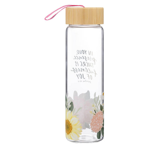 Fullness of Joy Pink Floral Glass Water Bottle with Bamboo Lid - Psalm 16:11