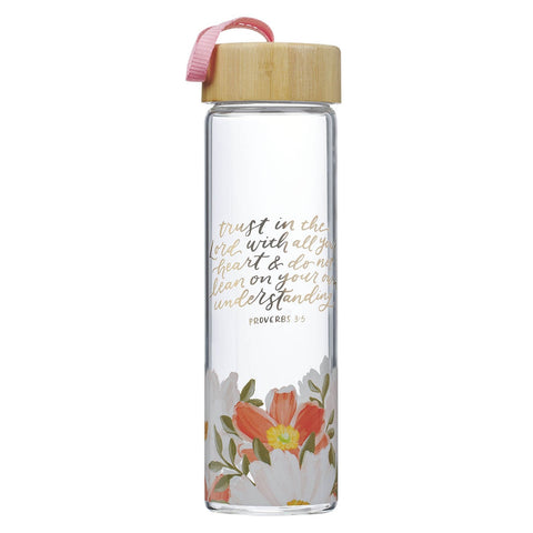 Trust in the Lord Orange Floral Glass Water Bottle with Bamboo Lid - Proverbs 3:5