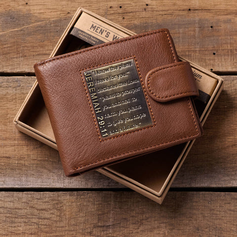I Know the Plans Timber Spice Brown Genuine Leather Wallet with Brass Inlay - Jeremiah 29:11