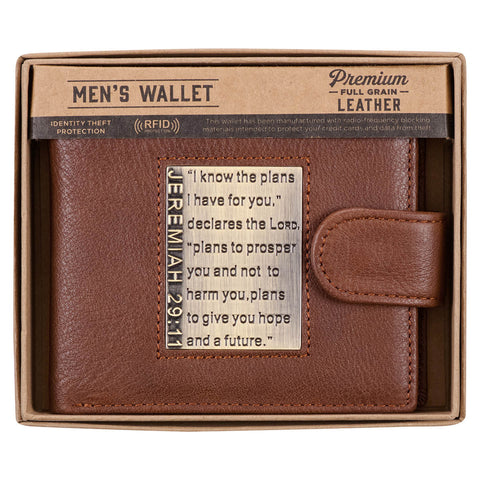 I Know the Plans Timber Spice Brown Genuine Leather Wallet with Brass Inlay - Jeremiah 29:11