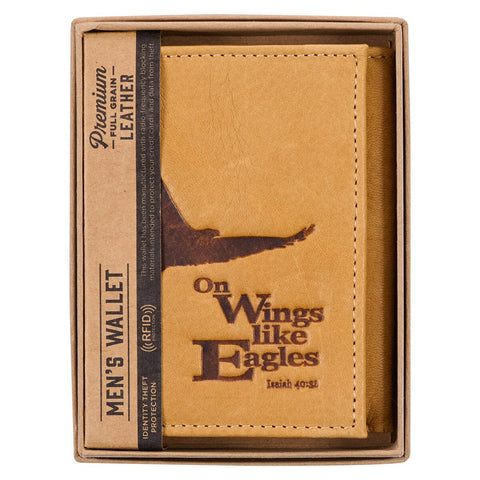 Wings Like Eagles Camel Tan Full Grain Leather Trifold Wallet