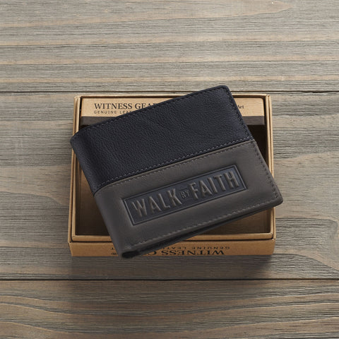 Walk by Faith Black and Gray Full Grain Leather Wallet - 2 Corinthians 5:7